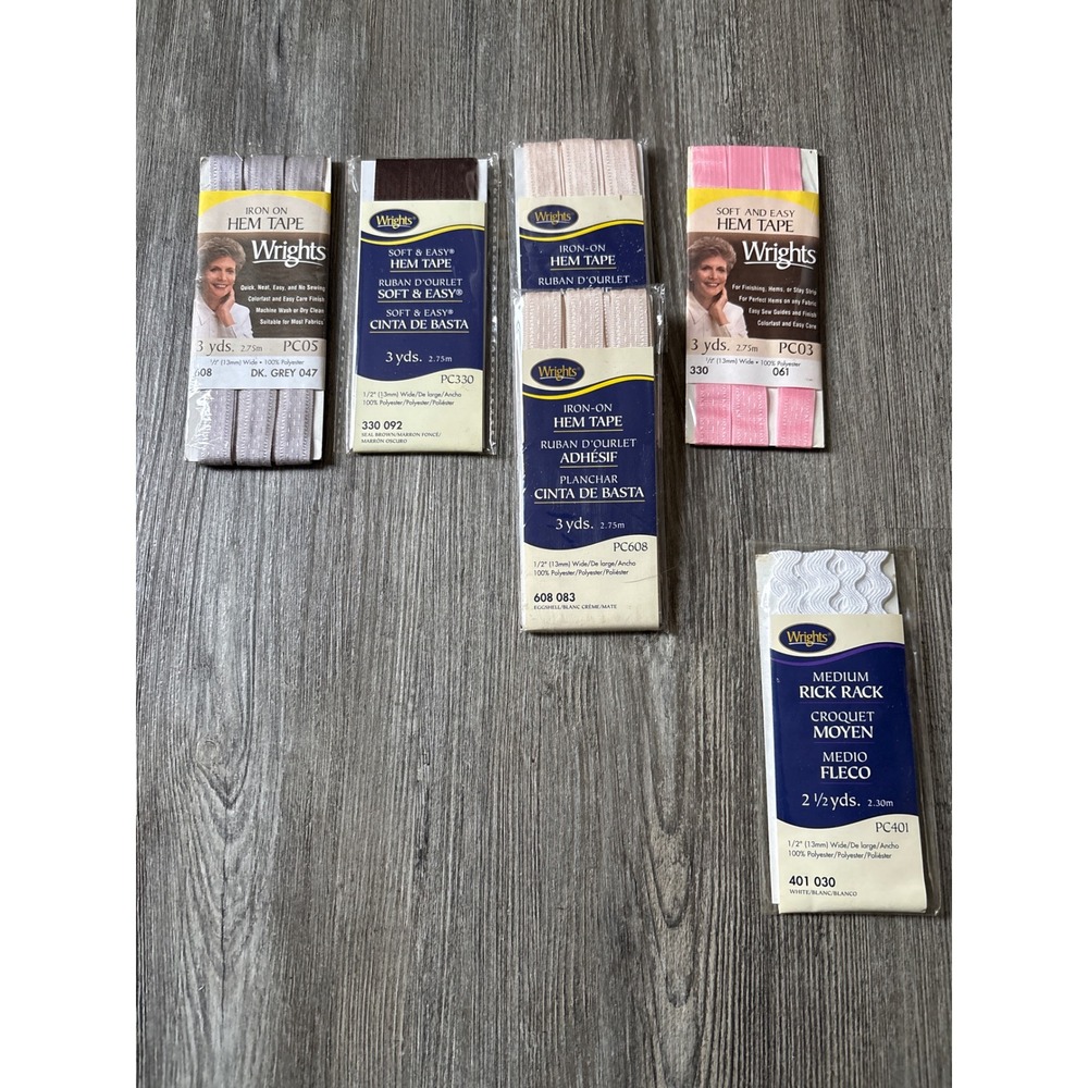 Wrights Hem Tape Rick Rack Bundle 6pk Iron On Soft Easy Grey Brown Pink White